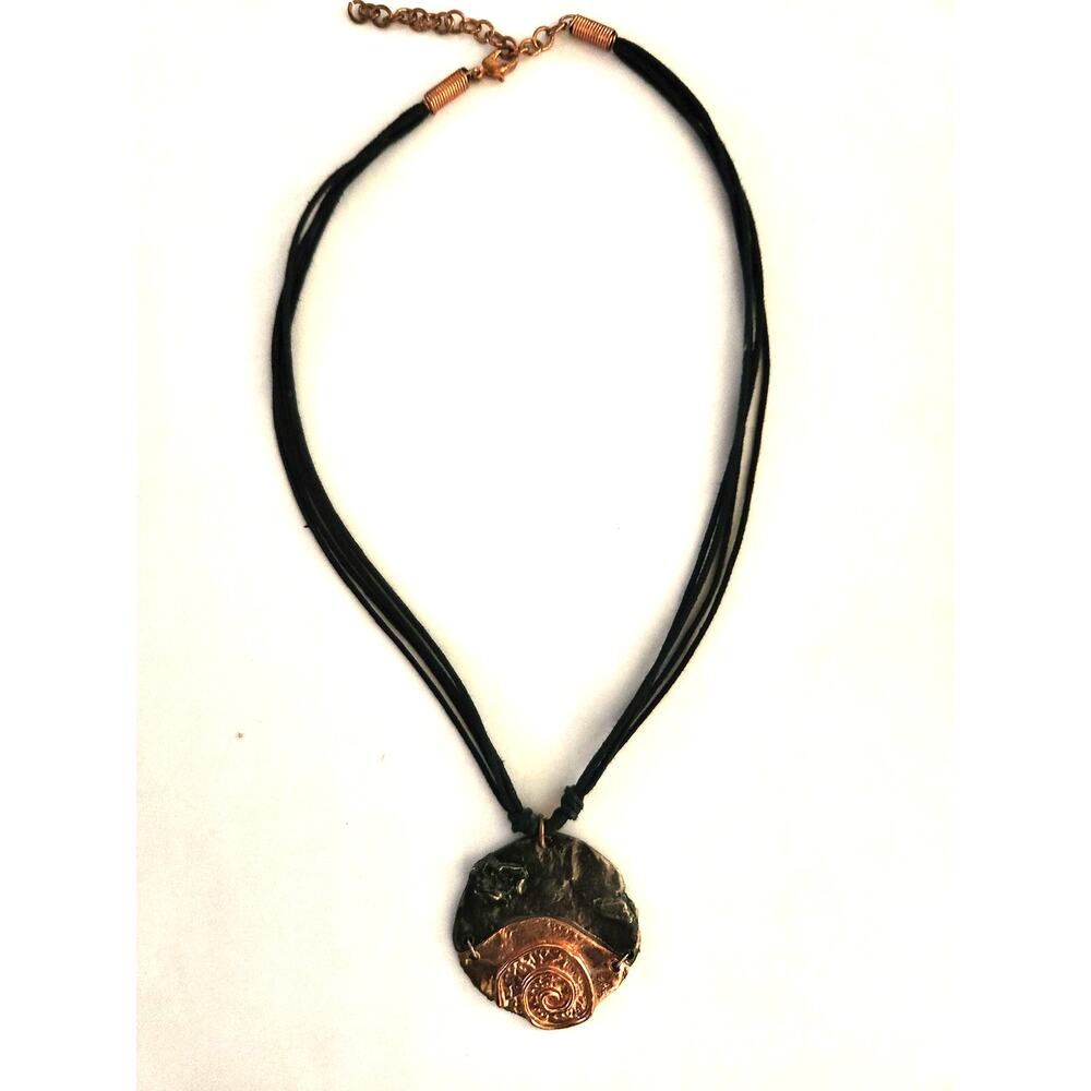 Hammered Mixed Metal Copper Spiral Pendant Black Cord Artisan Boho Necklace OOAK